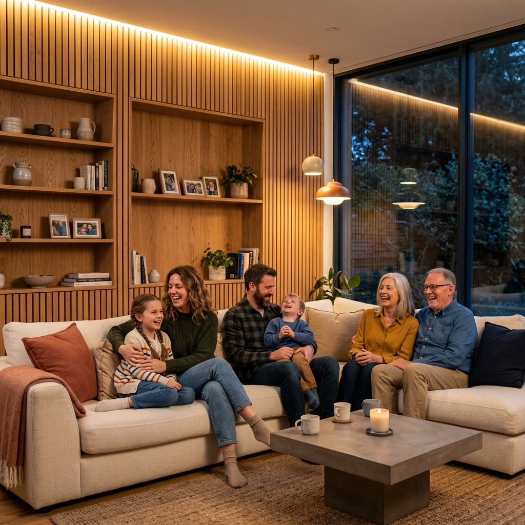 Familia feliz en casa con lambrines